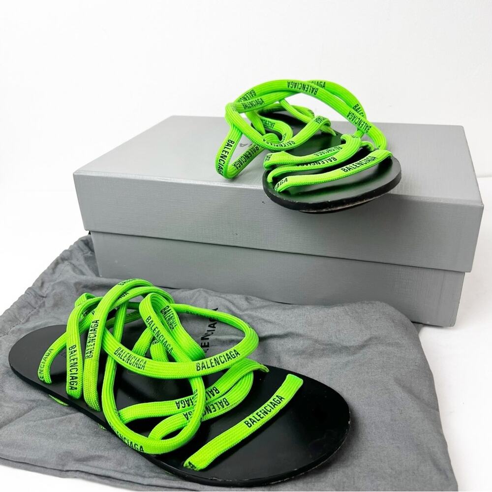 SZ 38 Balenciaga Nylon Calfskin Logo Lace Flat Sandals Neon Green